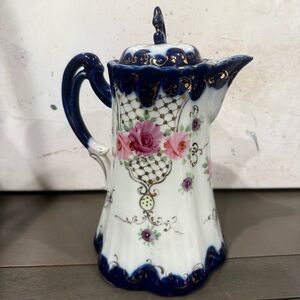 Antique Vintage Chocolate Pot Cobalt Blue Floral Porcelain Pristine Unmarked